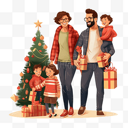 卡通人拿着礼物图片_带孩子购买和持有圣诞树和礼物的