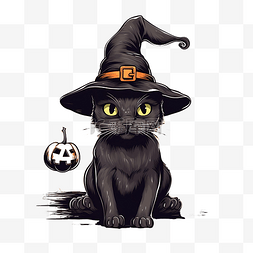 幽灵ghost图片_戴着女巫帽的黑猫用嘴举起万圣节
