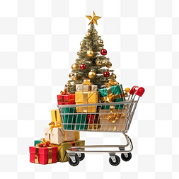 有圣诞树和微型礼品盒的购物车
