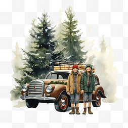 树林里的汽车旁站着圣诞树的兄弟