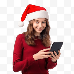 拿电话的女人图片_戴着红色圣诞帽的年轻漂亮女孩手