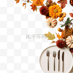 感恩节餐桌布置的顶视图，配有复