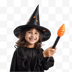 快乐的孩子戴着巫婆帽拿着魔杖在