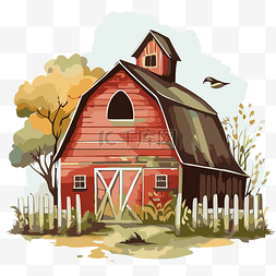 红色谷仓和栅栏与鸟剪贴画的彩色