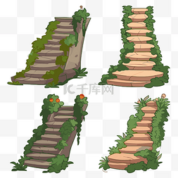 四个卡通石阶与植物的步骤剪贴画