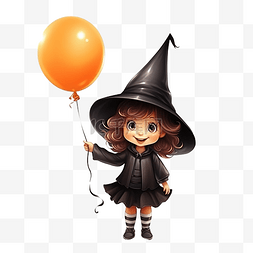 一个戴着女巫帽的小女孩把一只黑