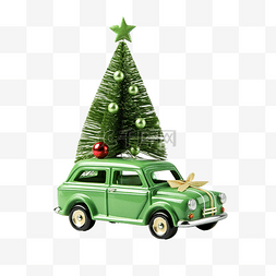 玩具车和礼物上的绿色圣诞树