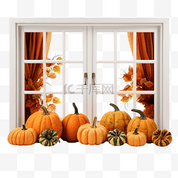 窗户上有秋天的风景和南瓜感恩节