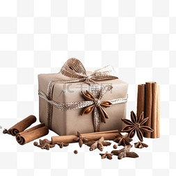 圣诞礼物盒和冷杉树枝，配上肉桂