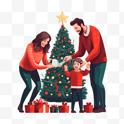 快乐的父母和小儿子在家装饰圣诞