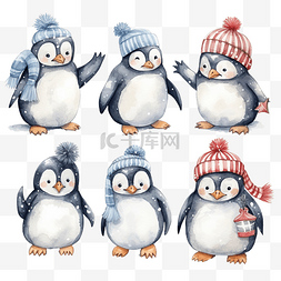 可爱的企鹅为圣诞节设置水彩插图