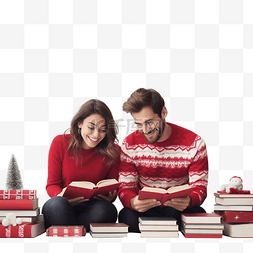 看书情侣图片_穿着红色圣诞毛衣的夫妇在家里的