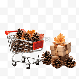 购物礼物盒背景图片_购买感恩节礼物购物车和带松果和