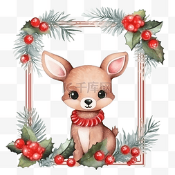 人物帧图片_圣诞快乐可爱的动物画与红色浆果