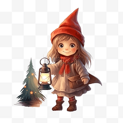 圣诞气氛素材图片_穿着侏儒服装的小女孩手里拿着灯
