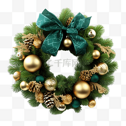 圣诞花环，绿松枝和金色圣诞球