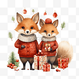 鼠年快乐免费图片_圣诞快乐庆祝松鼠和狐狸与红色毛