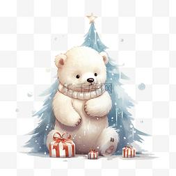 可爱的北极熊坐在冰里用球装饰圣