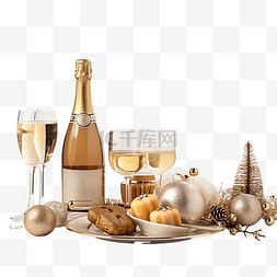 一瓶香槟和节日圣诞餐桌上的其他