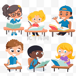 ESL 剪贴画 孩子们坐在书桌前阅读