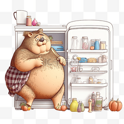 有趣的肥猫贪食者从家里的冰箱里