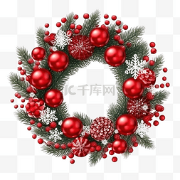 红球装饰图片_带红球和雪花的圣诞花环松枝