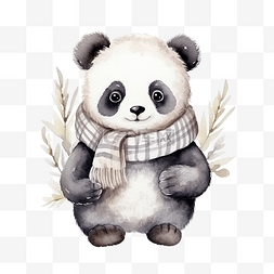 帽子中国元素图片_水彩可爱的熊猫动物戴着围巾和帽