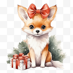 插画狐狸图片_圣诞节可爱的狐狸与水彩插图