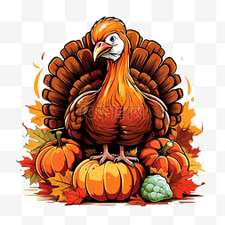 感恩节卡通插图与南瓜中的火鸡