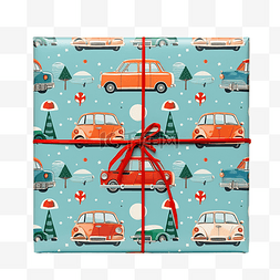 礼品包装汽车圣诞快乐平面风格插