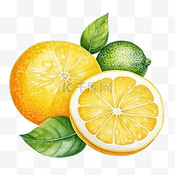 新鲜柑橘图片_新鲜水果切片柠檬画水彩柑橘类水
