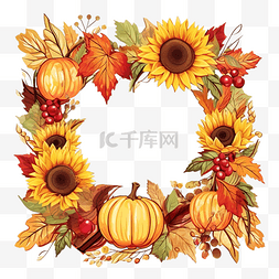 黄色花卉卡片矢量图片_感恩节矢量方框与秋叶向日葵浆果