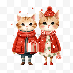 卡通穿着图片_穿着圣诞服装的幸福情侣猫，配有