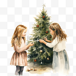 家庭关系卡图片_快乐的女朋友两个女孩装饰圣诞树