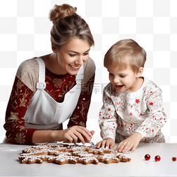 做烘焙的女人图片_母亲和幼儿男孩在厨房做圣诞饼干