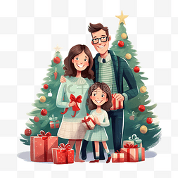 卡通女儿和母亲图片_幸福的家庭用圣诞树和礼物庆祝寒