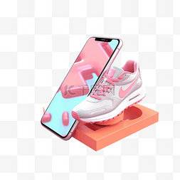 智能手机与运动鞋在柔和的粉红色