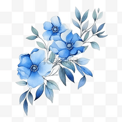 蓝花水彩图片_蓝花枝叶水彩风格装饰元素