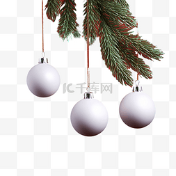 圣诞球树枝图片_红色表面上有白色圣诞球的杉树枝