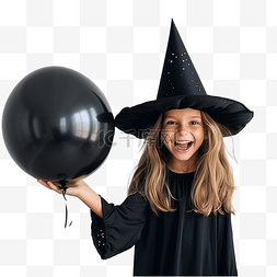 女巫横幅图片_一个有趣的女孩把女巫帽戴在气球