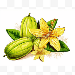 杨桃矢量图片_绿色椰子与绿叶和黄色三叶草花矢