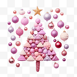 圣诞饰品装饰素材图片_粉红色表面上以圣诞树形状布置的
