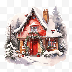 一栋红色舒适的房子，屋顶在雪中