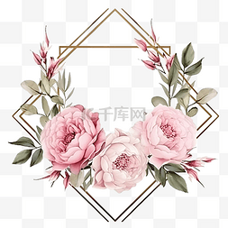 粉红可爱图片_粉红玫瑰牡丹花束花环带框带金色