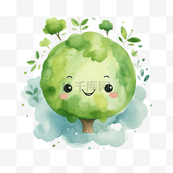 可爱卡通心图片_生态友好的绿色地球符号与树水彩