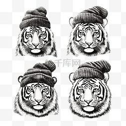 复古线描动物图片_一组戴着针织圣诞帽和围巾的老虎