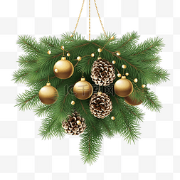 冷杉树枝圣诞球装饰松树与金球假