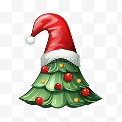 下雪家庭图片_可爱的圣诞树，戴着圣诞老人的帽