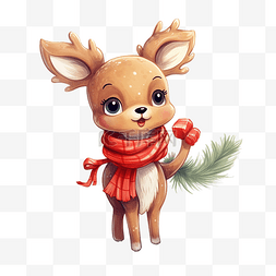 卡通插画鹿图片_一只戴着红围巾拿着圣诞树玩具的