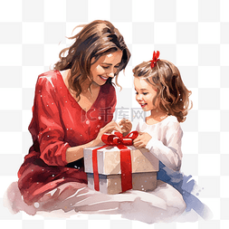 抱礼物的女人图片_可爱的小女孩和妈妈一起打开圣诞